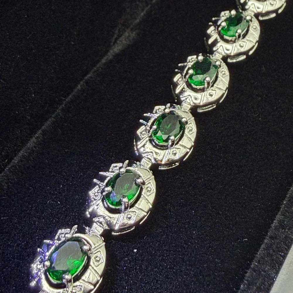 Silver Emerald Oval Halo Bracelet - Picture 2 of 8